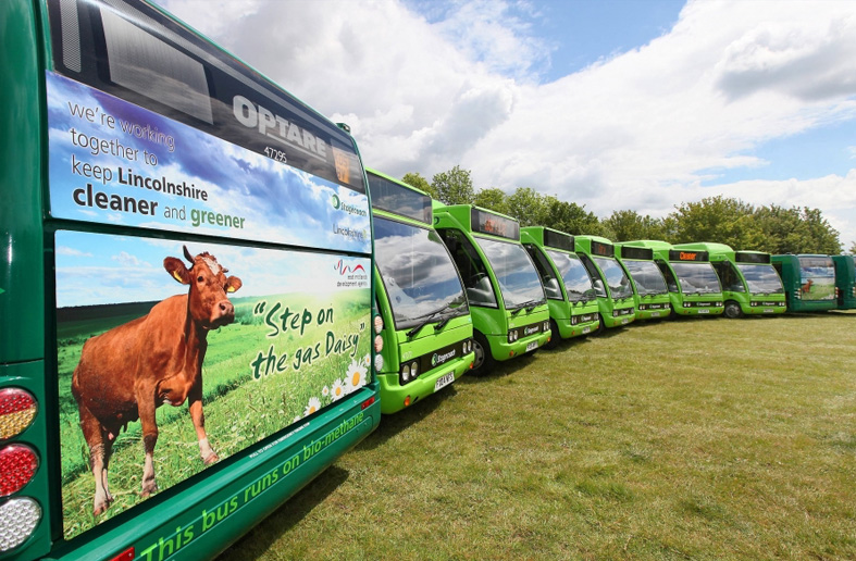 These buses were converted to run on biomethane as well as diesel. The signage on the back of each bus extols the ecological benefits of using biomethane as a green fuel