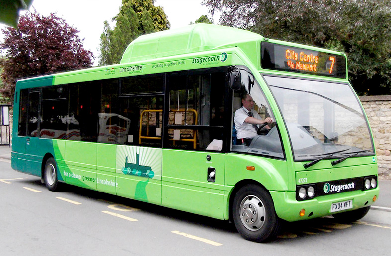 A Hardstaff-converted dual fuel Optare Solo bus in operation in Lincoln, England. The fiberglass enclosure on the roof holds Luxfer carbon composite cylinders containing biomethane alternative fuel.