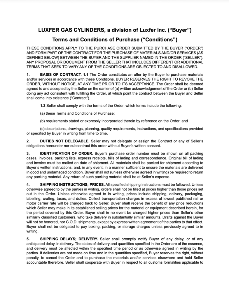 Image of first page of buyers agreement